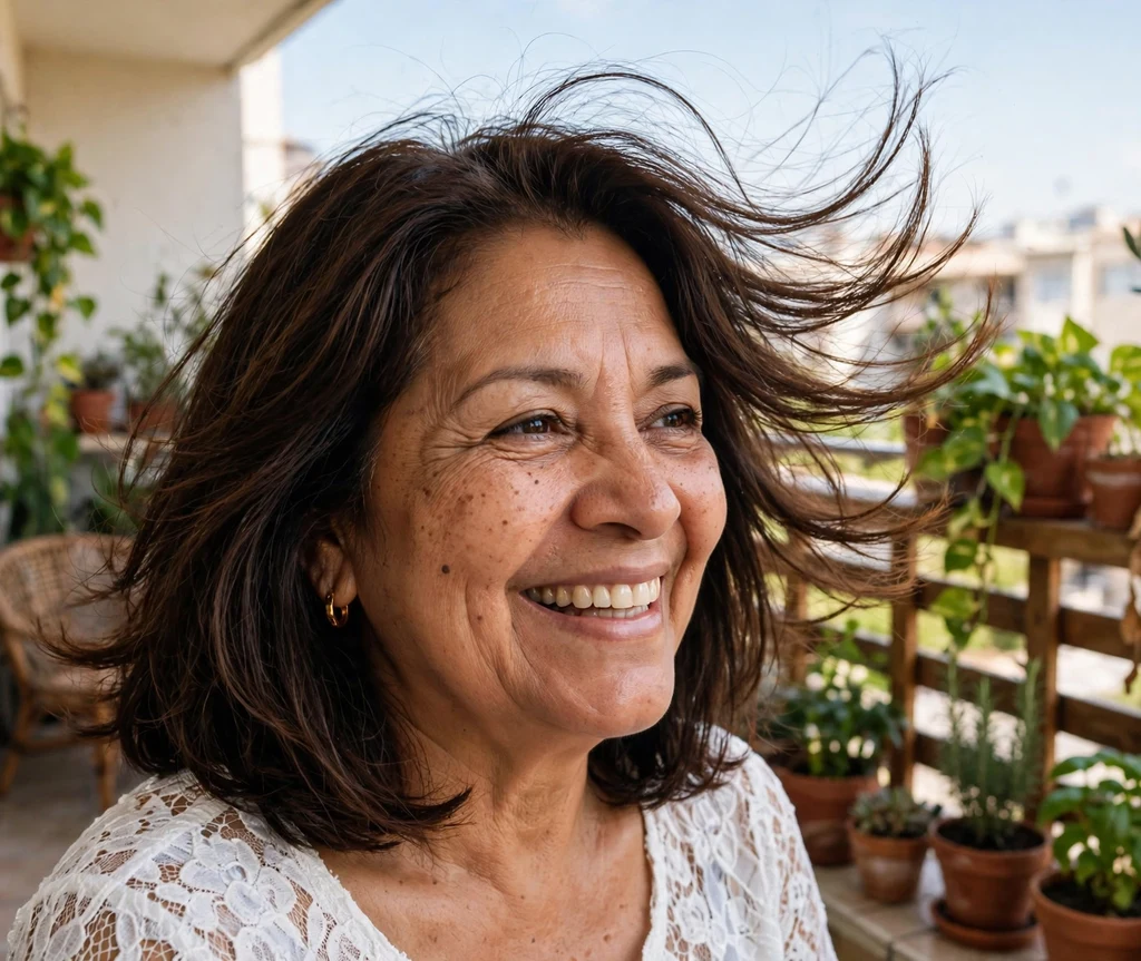 56-year-old Latina woman with a dark brown long layered bob haircut on a sunny balcony