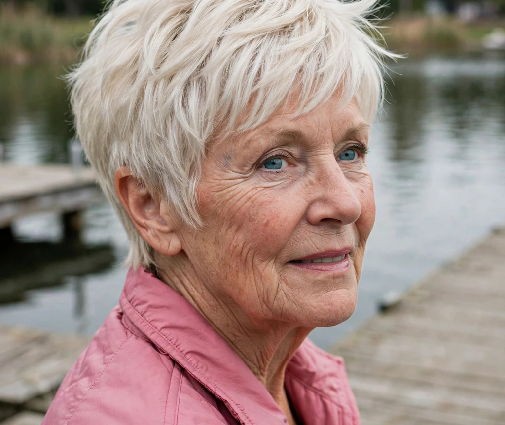 67-year-old woman with a platinum layered pixie haircut at a lakeside dock