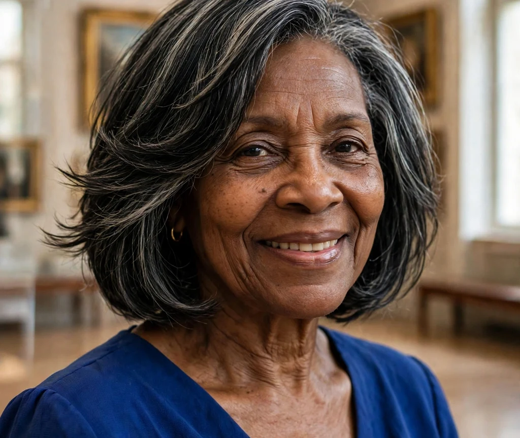 60-year-old African American woman with a layered bob haircut in a museum hall