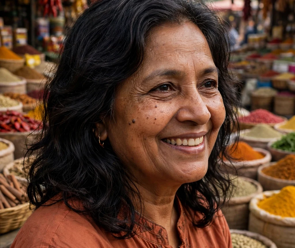 53-year-old South Asian woman with mid-length layered wavy hair at a spice market