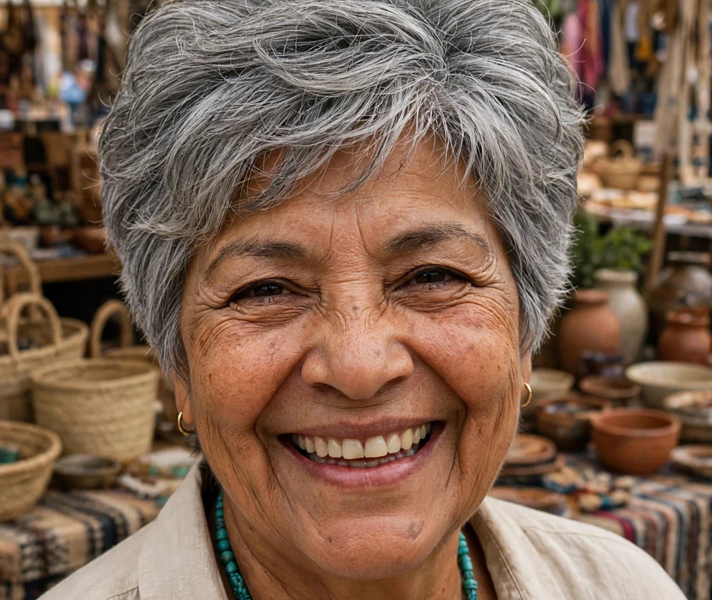 65-year-old Latina woman with a voluminous layered gray pixie haircut at an artisan market
