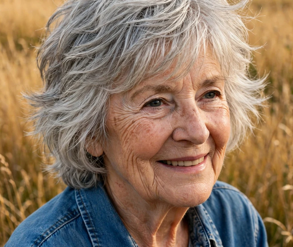 72-year-old woman with a silver layered shag haircut in a golden countryside field