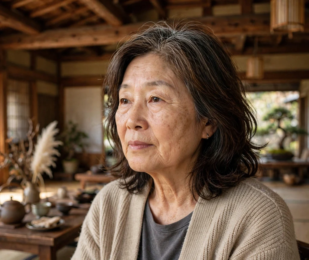 58-year-old East Asian woman with a layered dark bob haircut in a tea house