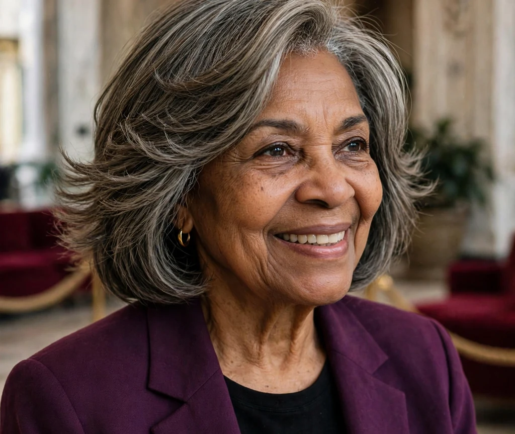 64-year-old African American woman with a layered salt-and-pepper bob in a concert hall lobby