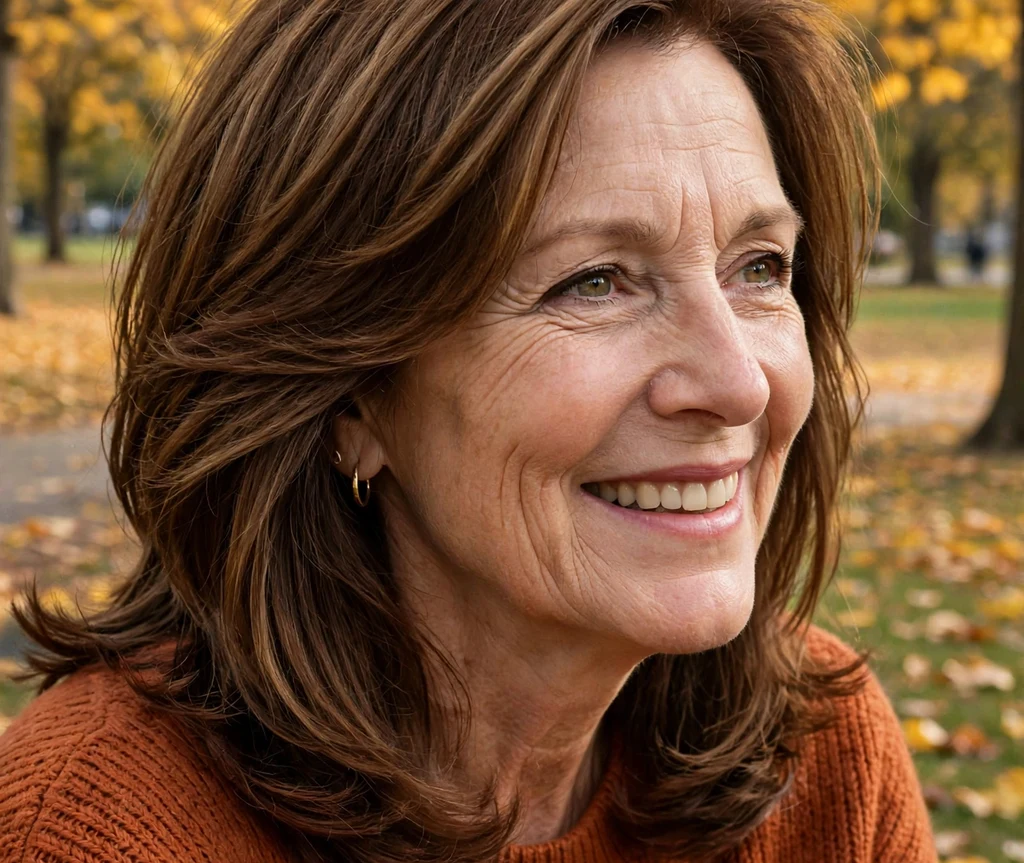 55-year-old woman with a layered chestnut brown lob haircut in an autumn park