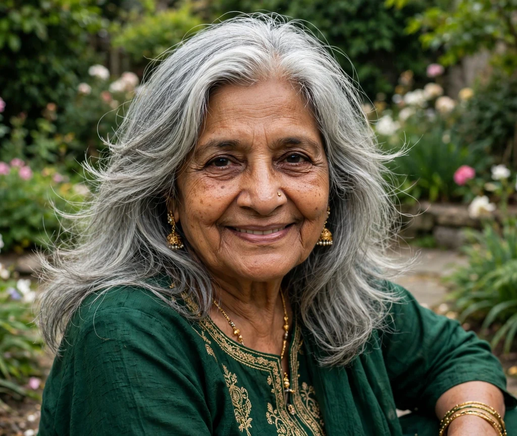 69-year-old South Asian woman with layered silver-gray hair in a garden