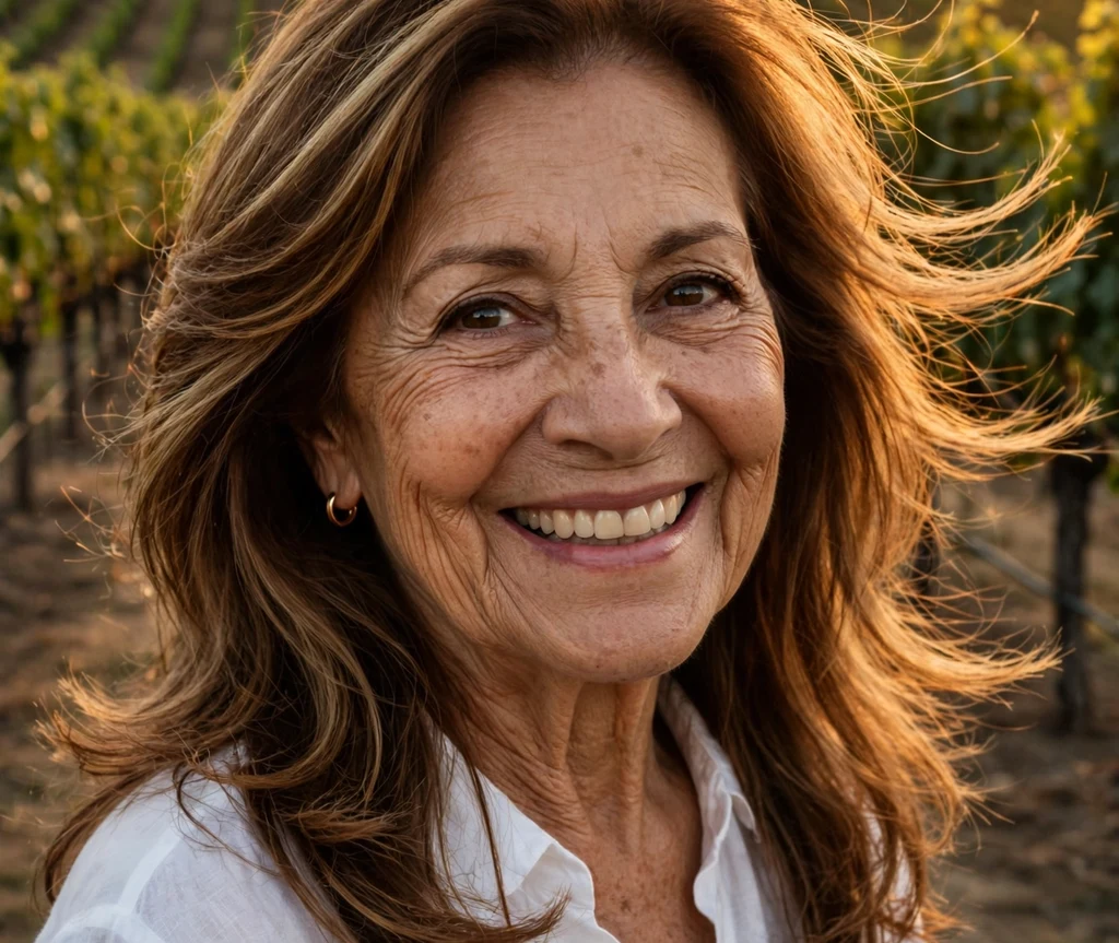 61-year-old Latina woman with caramel-highlighted layered brown hair at a vineyard
