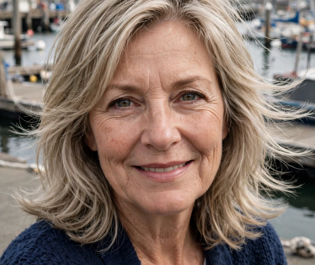 57-year-old woman with a layered ash-blonde shoulder-length haircut on a harbor pier