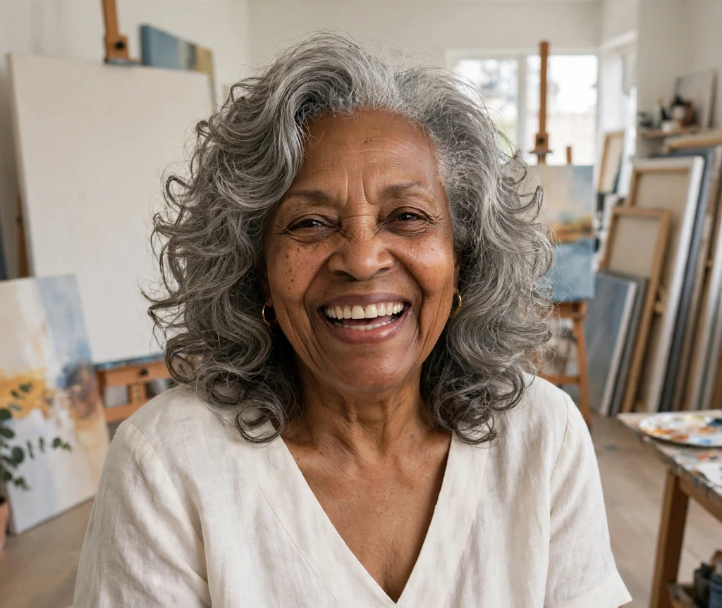 66-year-old African American woman with layered gray natural curls in an art studio