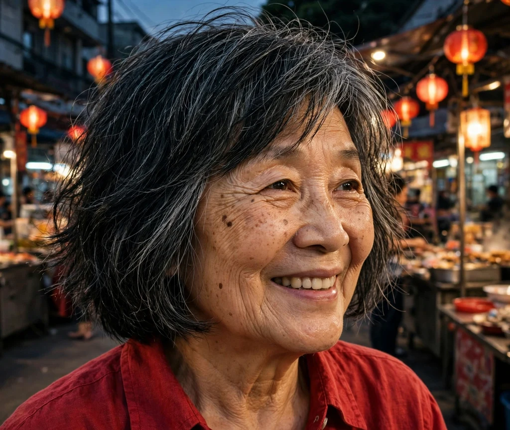 63-year-old East Asian woman with a layered bob haircut with silver streaks at a night market