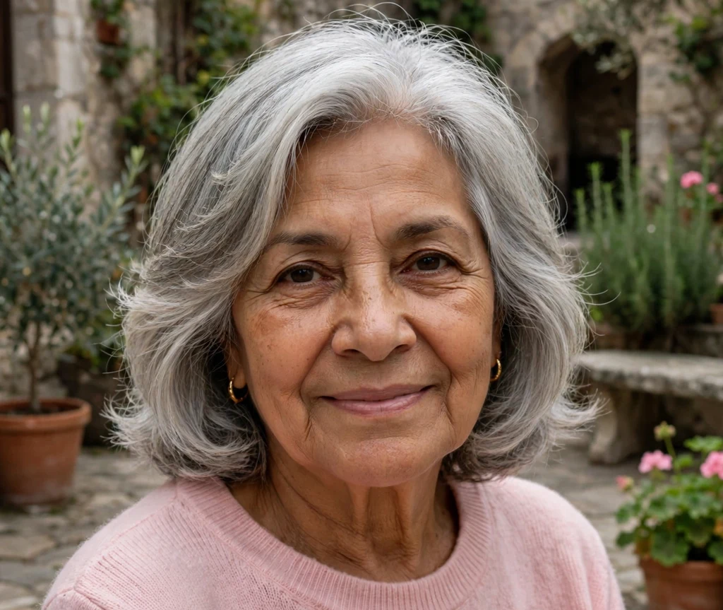 70-year-old Latina woman with a layered white-gray bob haircut in a church courtyard