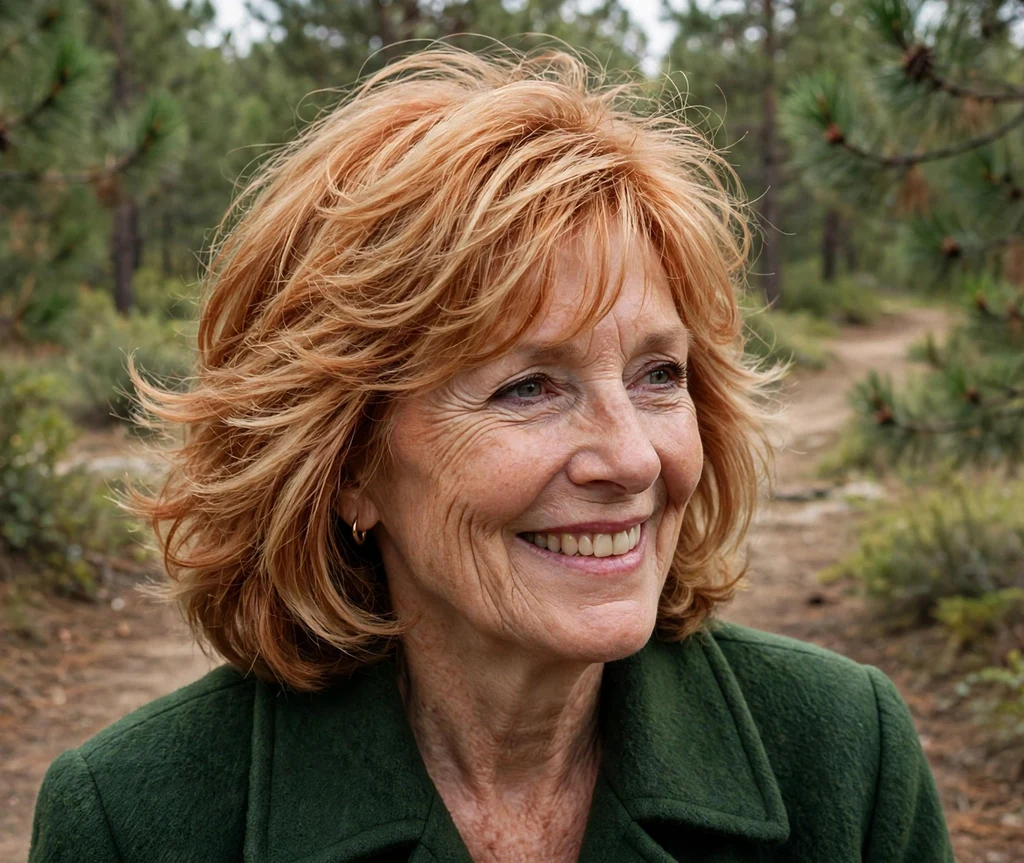 59-year-old woman with a layered strawberry-blonde midi haircut on a pine forest trail
