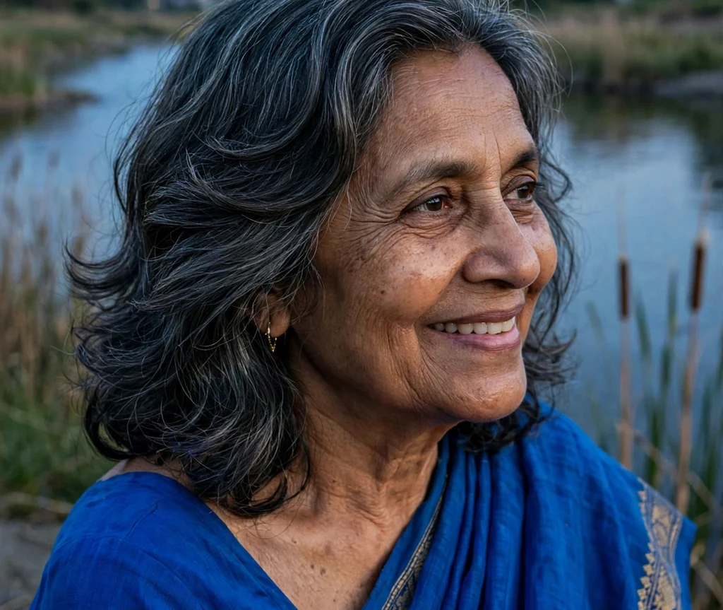 62-year-old South Asian woman with a layered dark gray wavy lob by a riverside