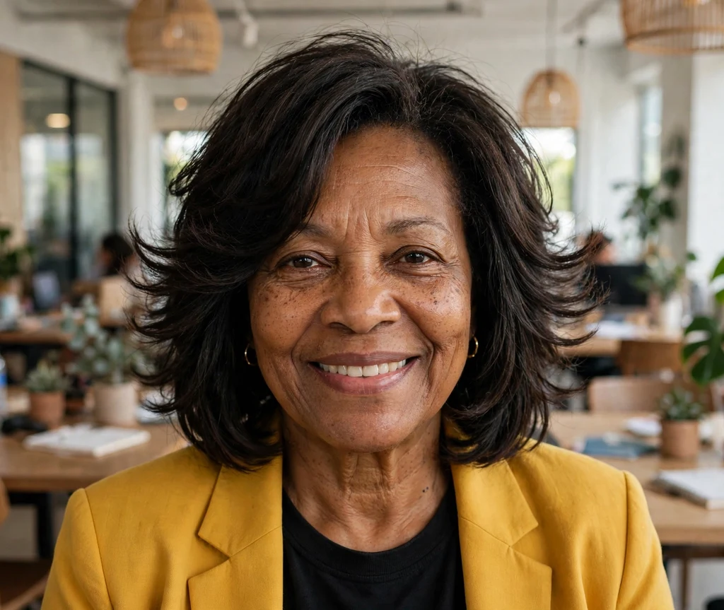 54-year-old African American woman with a layered relaxed dark bob in a coworking space