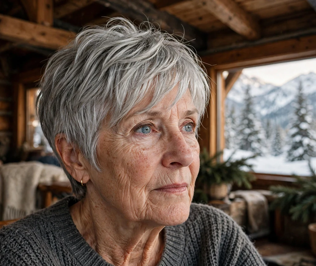 68-year-old woman with a layered silver pixie haircut with long fringe at a snowy mountain lodge