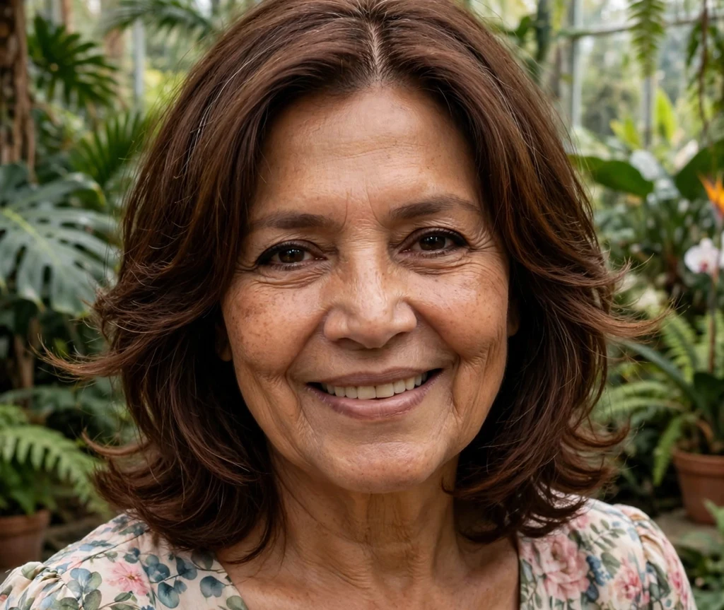 60-year-old Latina woman with layered mahogany brown hair in a botanical conservatory