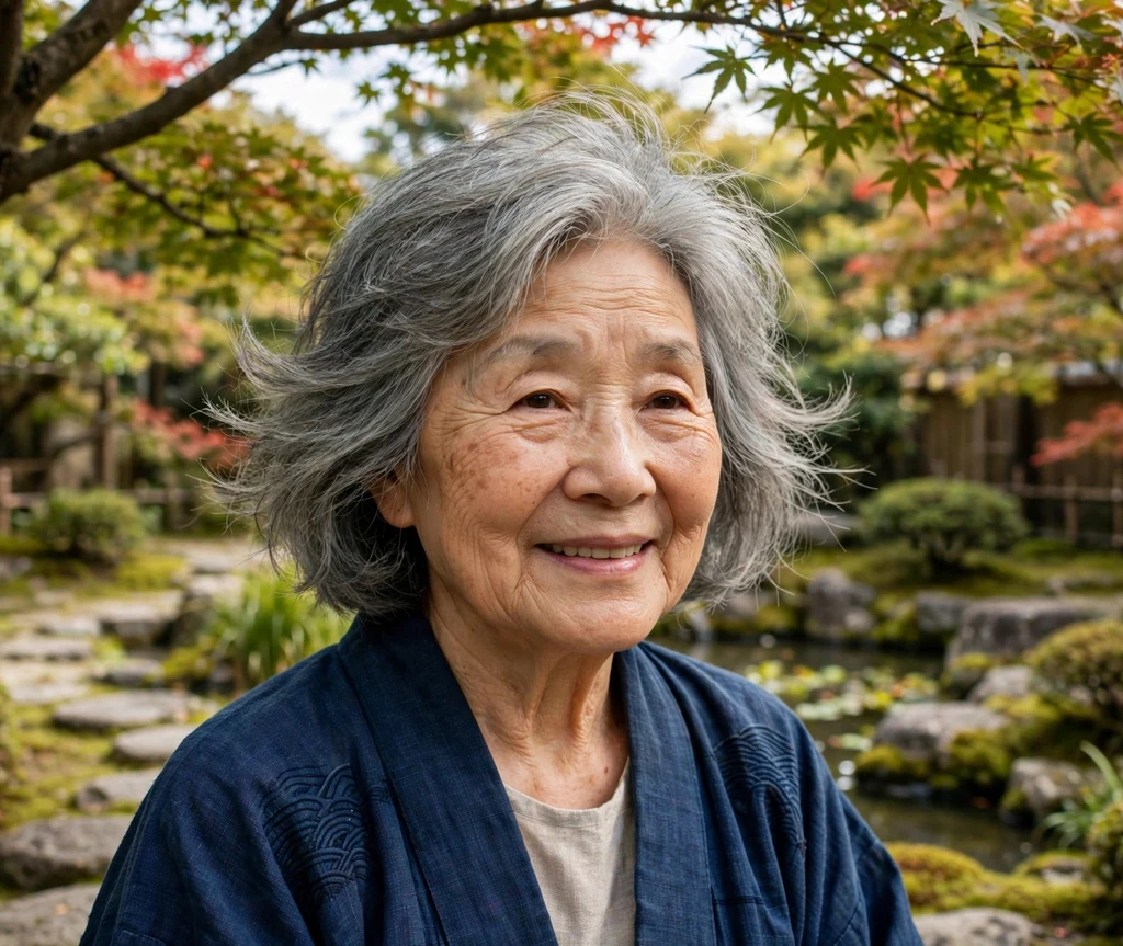 65-year-old East Asian woman with a layered gray lob in a Japanese garden