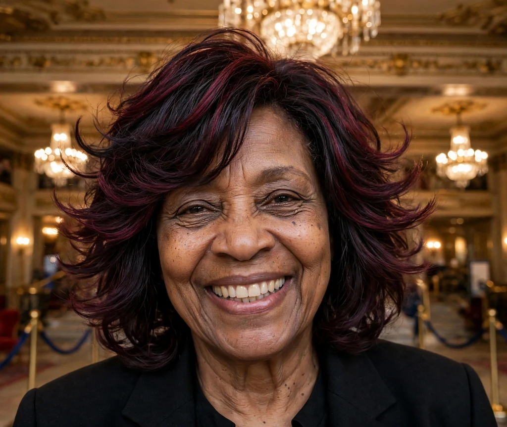 56-year-old African American woman with layered burgundy-tinted dark hair in a theater lobby