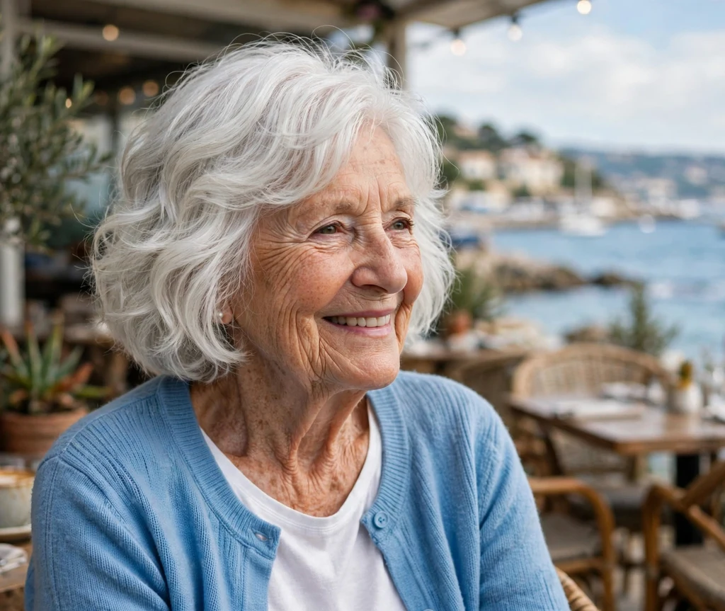 73-year-old woman with a layered white wavy bob haircut at a seaside cafe