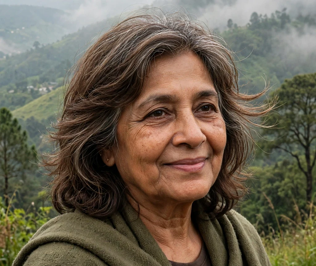 61-year-old South Asian woman with layered medium brown hair with gray blending at a hill station