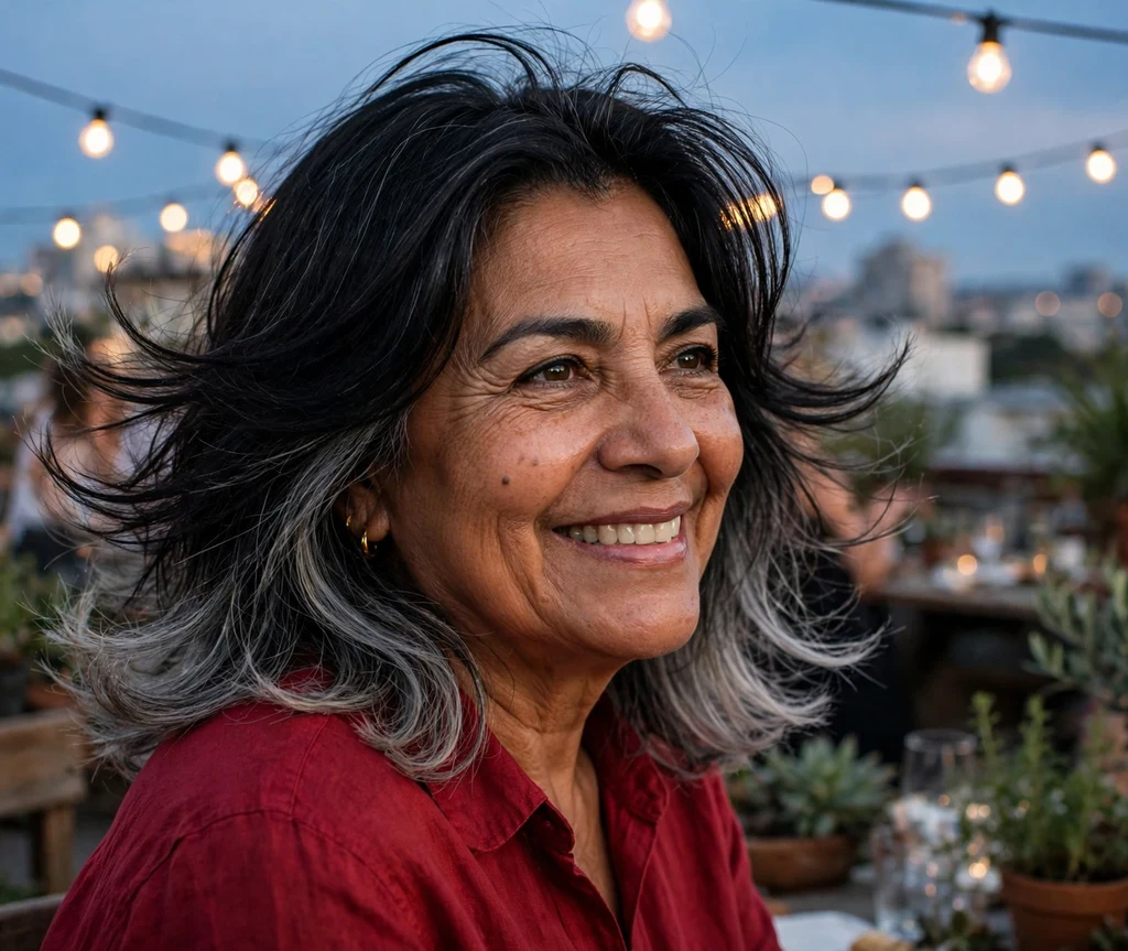 58-year-old Latina woman with layered black hair with silver balayage ends at a rooftop garden party