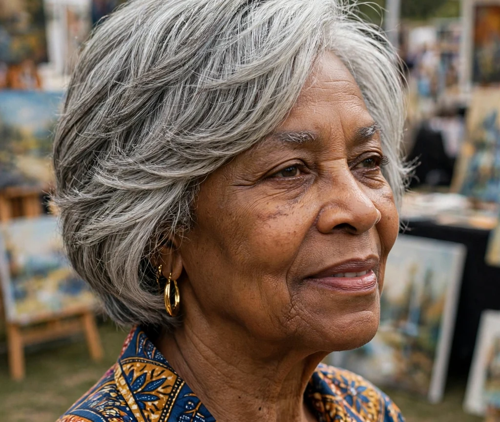 67-year-old African American woman with a layered tapered silver haircut at an art fair