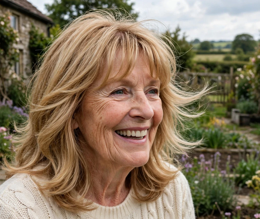 63-year-old woman with a layered golden-blonde lob haircut at a countryside cottage