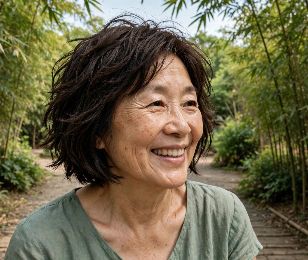 55-year-old East Asian woman with a layered chin-length bob haircut in a bamboo garden