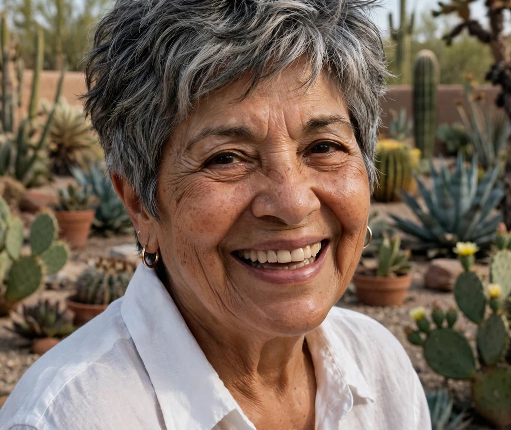 71-year-old Latina woman with a layered salt-and-pepper pixie haircut in a desert garden