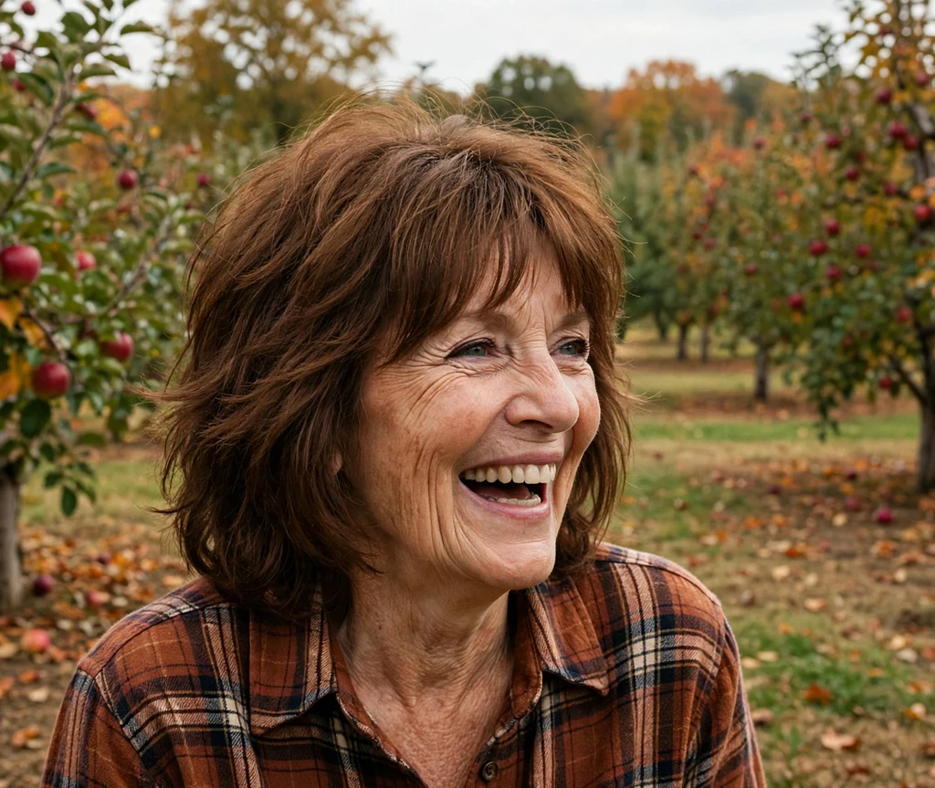 60-year-old woman with a layered chestnut shag haircut with curtain bangs in an apple orchard