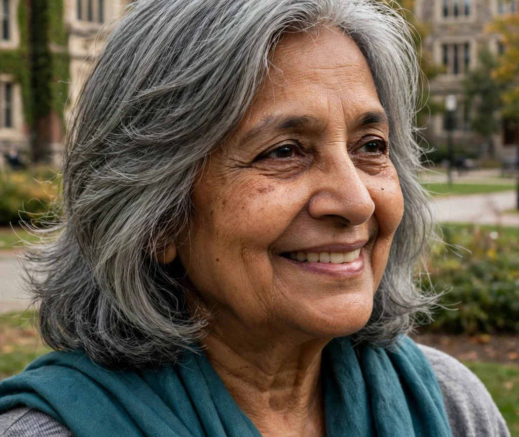66-year-old South Asian woman with a layered ash-gray medium haircut on a university campus
