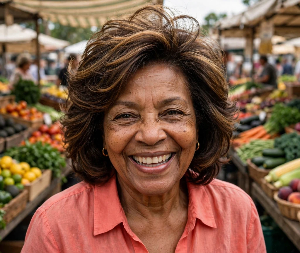 59-year-old African American woman with layered dark brown hair with caramel highlights at a farmer's market