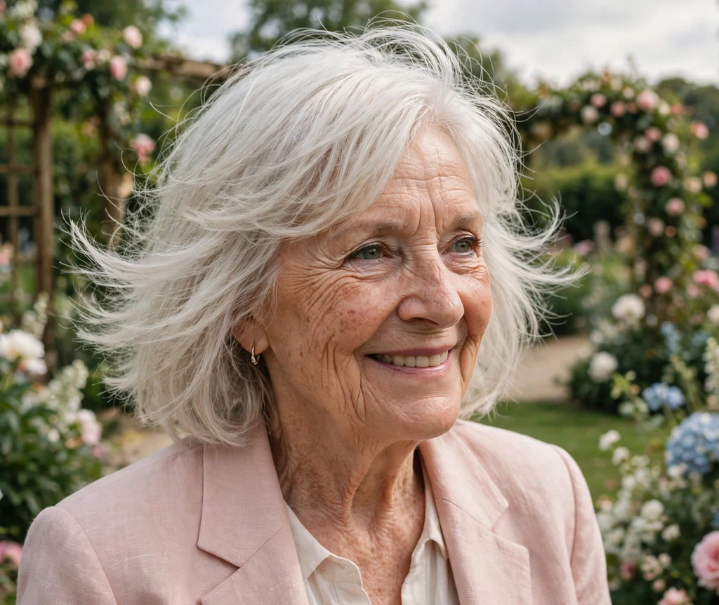 64-year-old woman with a layered pearl-white lob haircut in a wedding venue garden