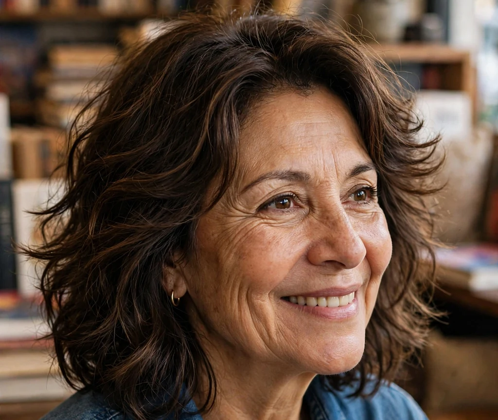57-year-old Latina woman with layered espresso brown hair with feathered ends in a bookshop cafe
