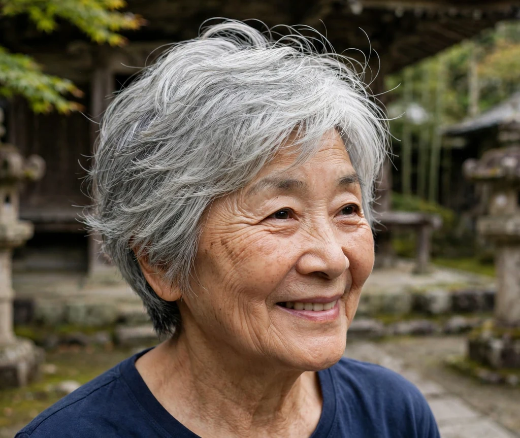69-year-old East Asian woman with a layered short silver haircut in a temple courtyard