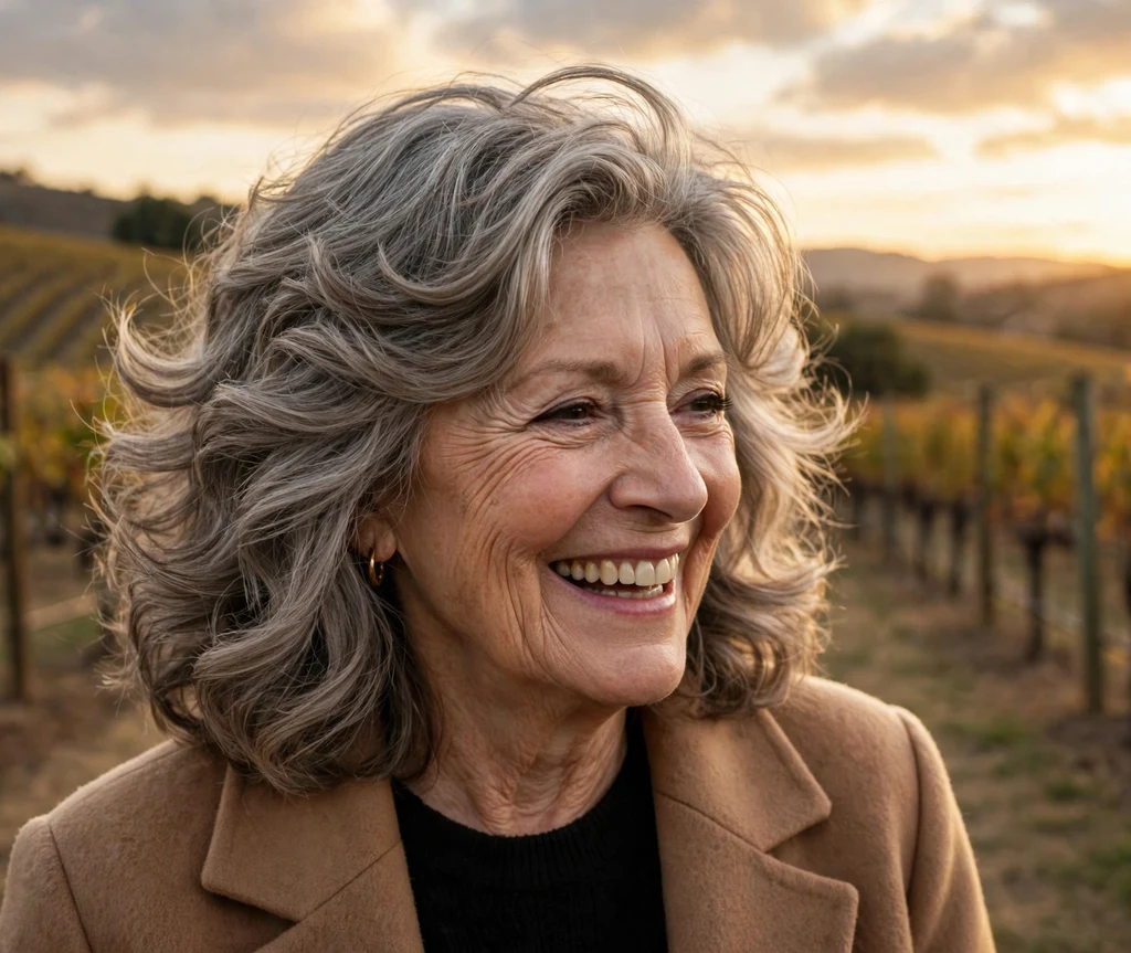 62-year-old woman with a layered warm-gray wavy midi haircut at a vineyard at sunset