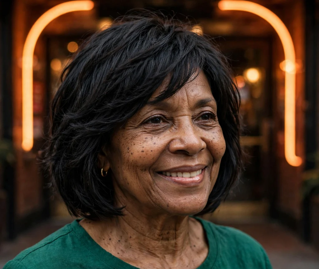 58-year-old African American woman with a layered jet-black shoulder bob at a jazz club entrance