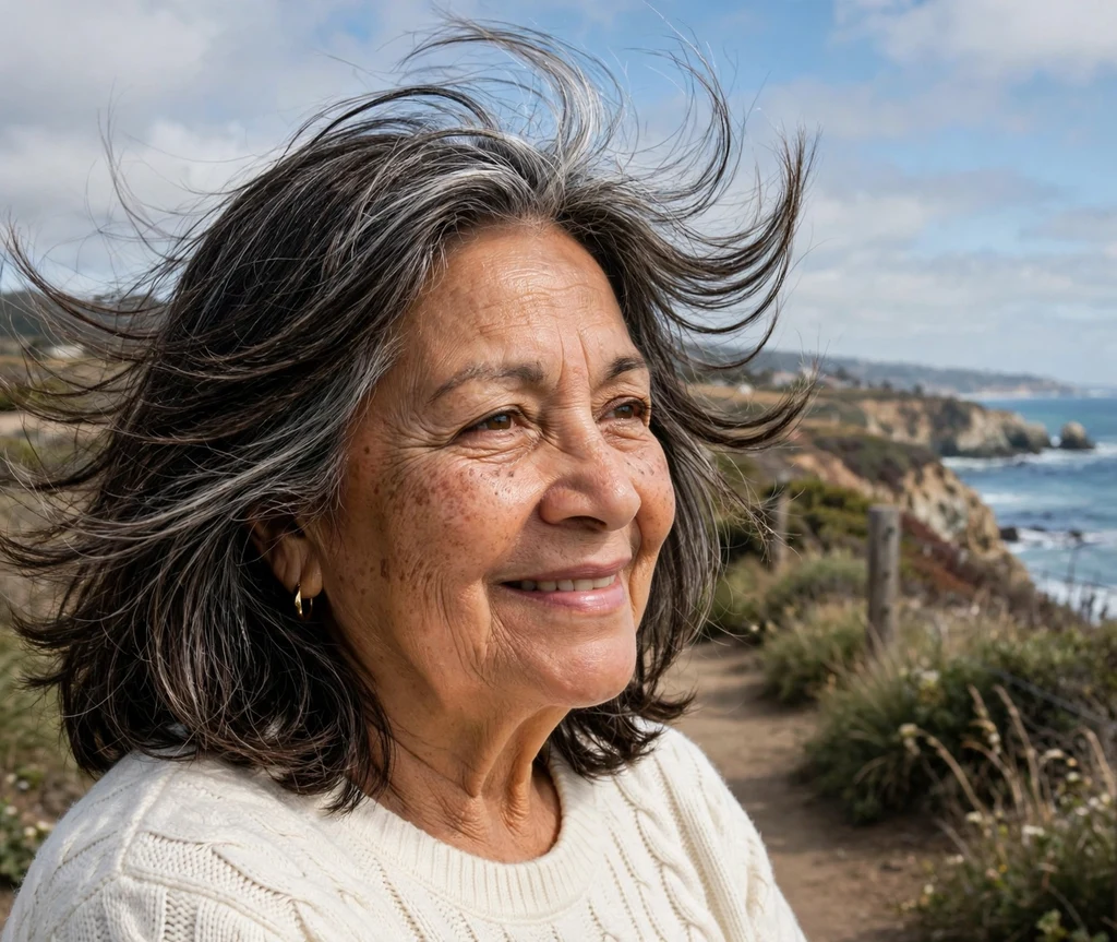 65-year-old Latina woman with silver-streaked layered dark brown hair on a coastal cliff walk