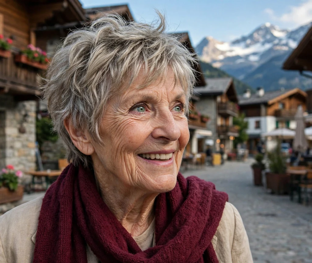 70-year-old woman with a layered ash-blonde pixie-bob haircut in an alpine village