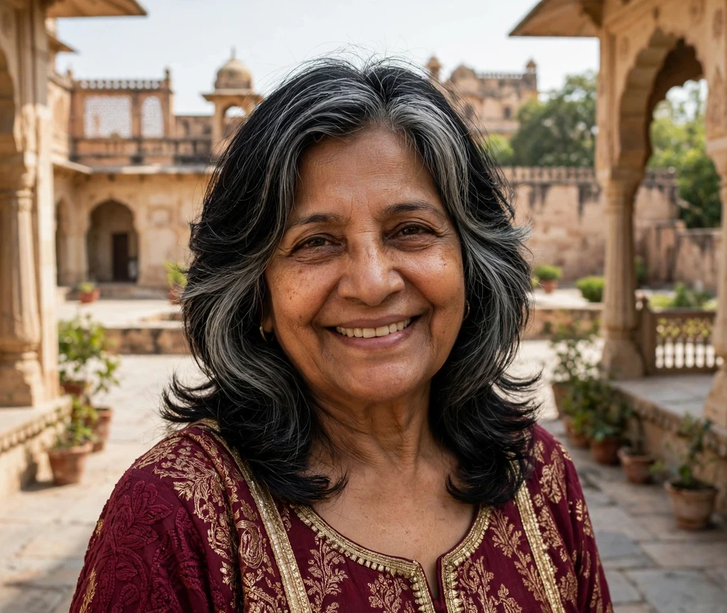 61-year-old South Asian woman with layered black hair with gray face-framing layers in a palace courtyard
