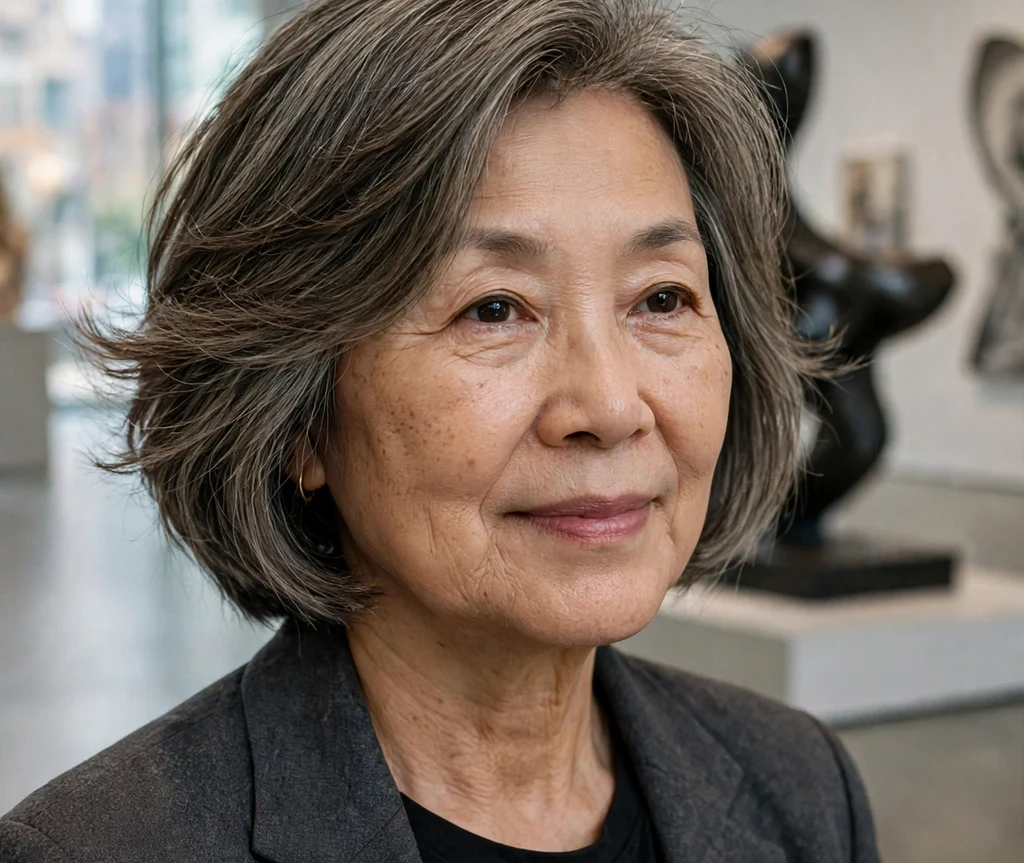 56-year-old East Asian woman with a layered gray-brown bob haircut in a modern art museum