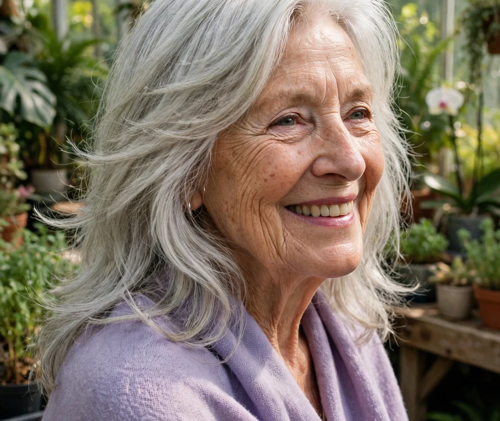 74-year-old woman with long layered silvery-white hair in a sunlit greenhouse