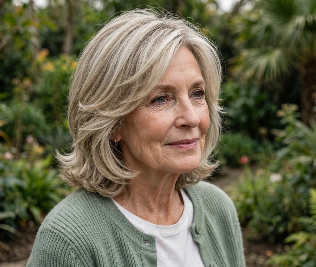 White woman in her early sixties with an ash blonde face-framing layered lob in a botanical garden