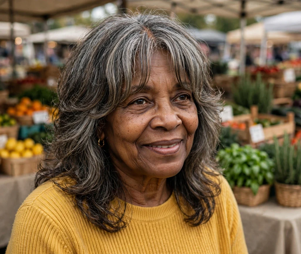 Black woman in her mid-sixties with salt-and-pepper long layers and curtain bangs at a farmers market