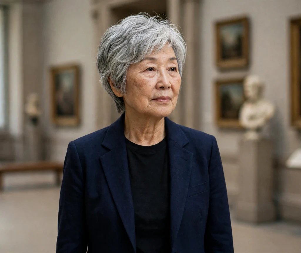 East Asian woman in her early seventies with a silver layered pixie-bob in a museum hall