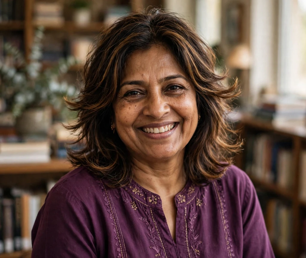 South Asian woman in her late fifties with a feathered layered cut with caramel highlights in a library