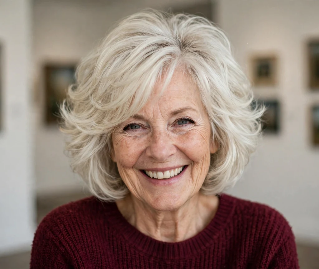 White woman in her mid-sixties with a voluminous platinum blonde layered bob in an art gallery