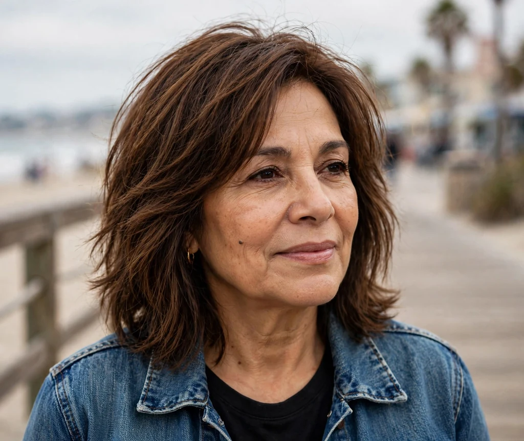 Latina woman in her early fifties with chestnut brown shoulder-length shaggy layers at a beach boardwalk