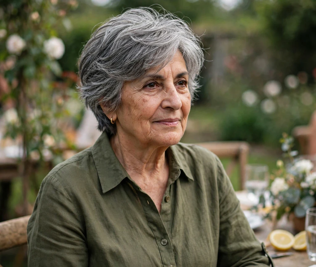 Middle Eastern woman in her early seventies with a grey textured layered crop at a garden party