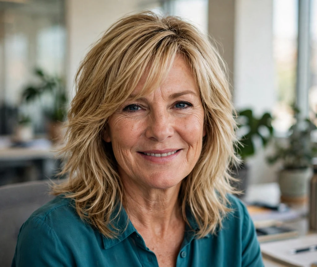 White woman in her late fifties with a honey blonde layered cut with side-swept bangs in an office